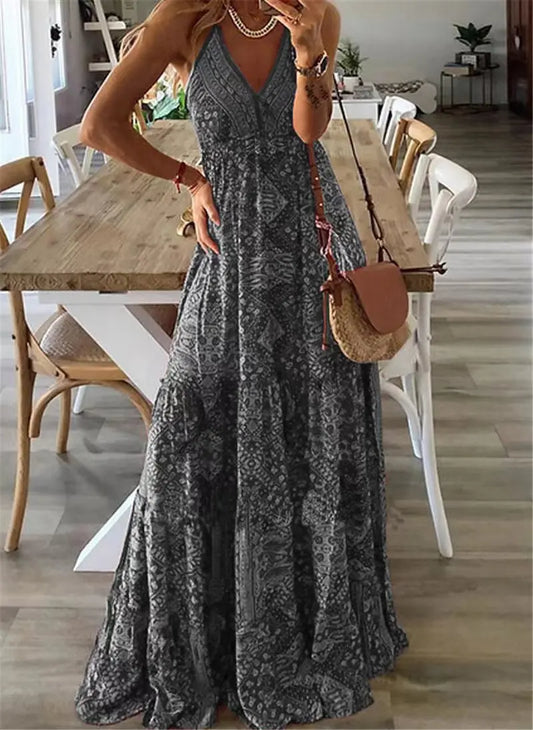 Robe maxi bohème à fleurs taille haute pour femmes